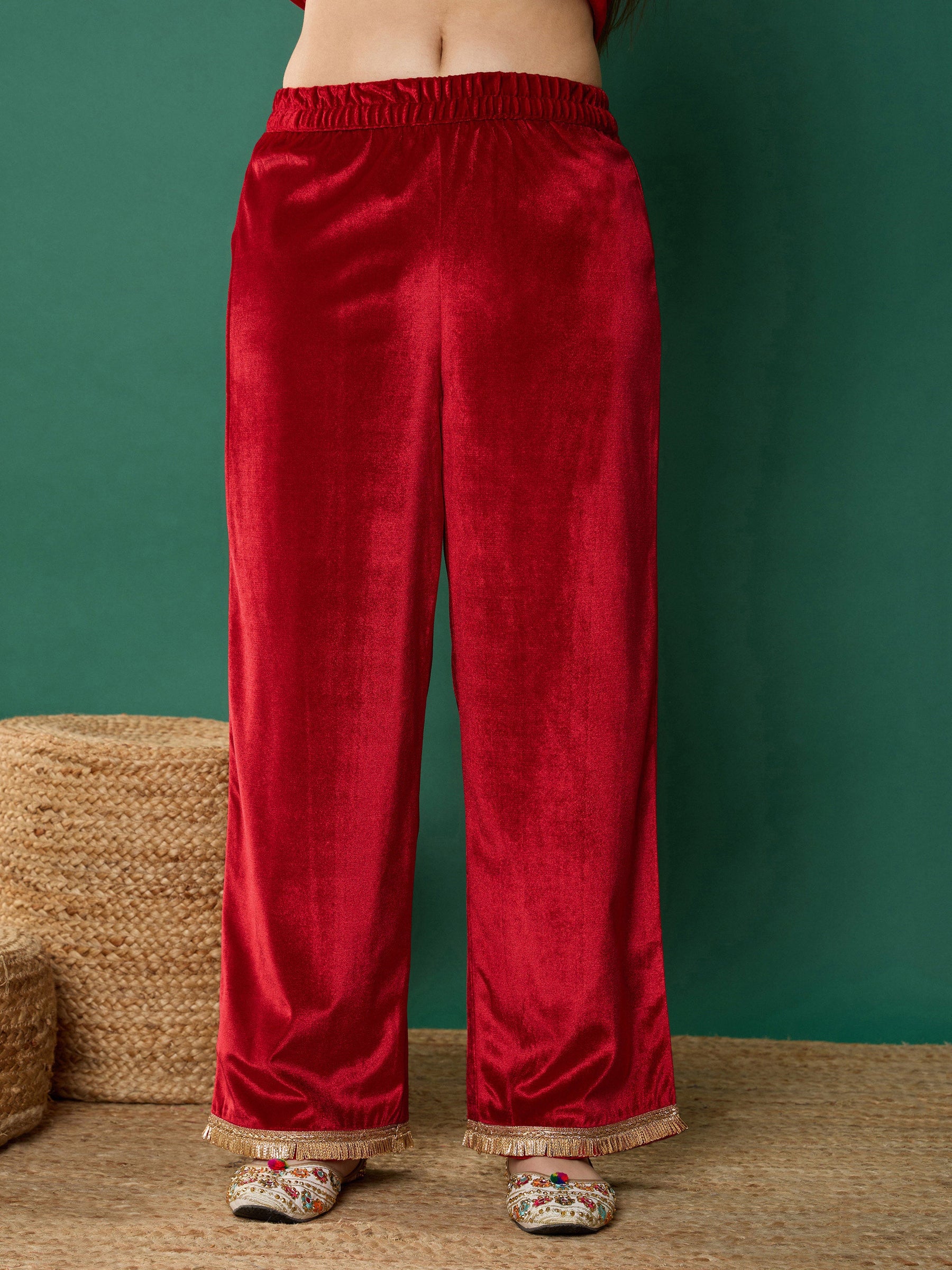 Red Velvet Embroidered Kurta With Pants-Noh.Voh