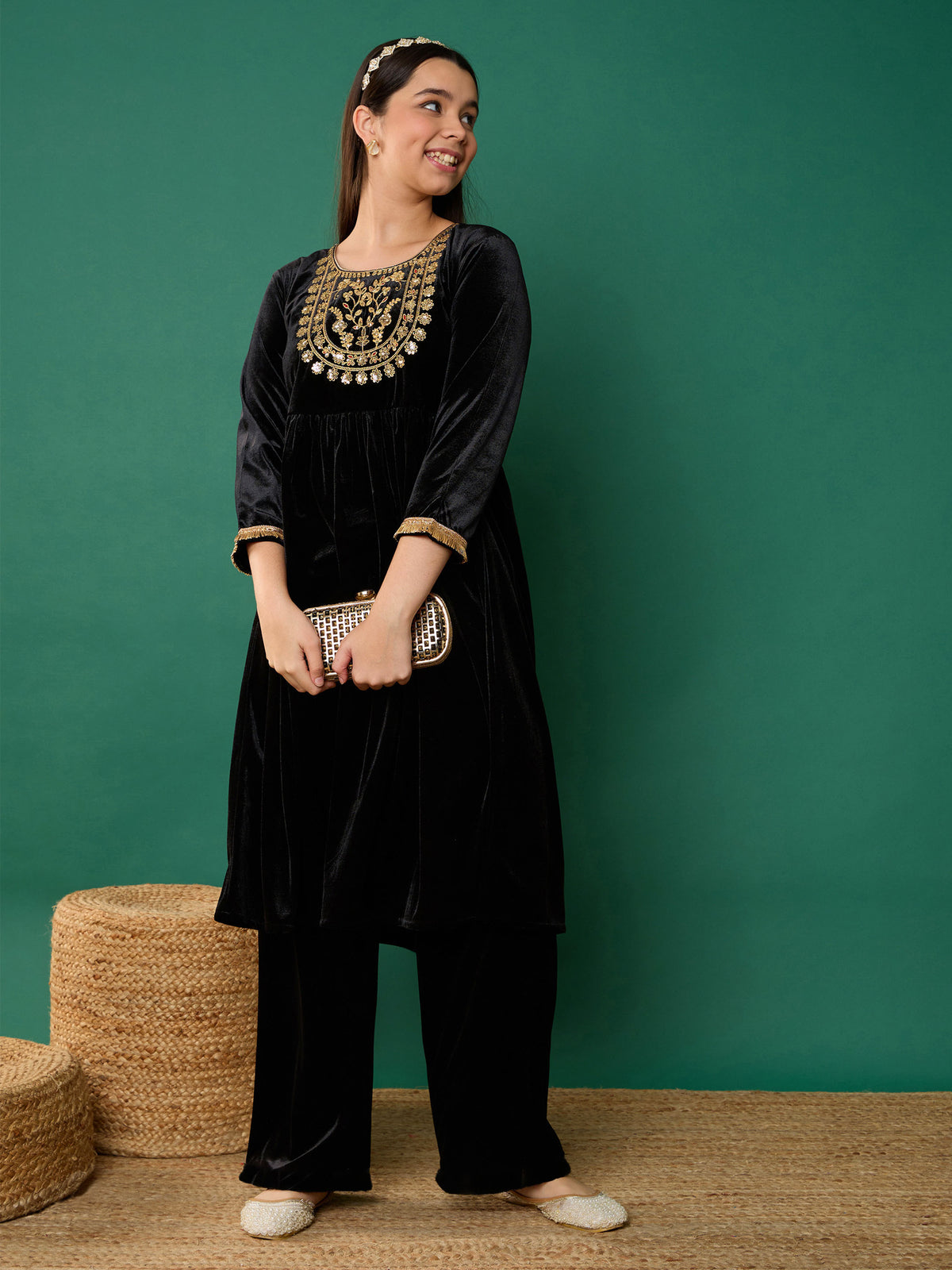 Girl Black Velvet Embroidered Kurta With Pants