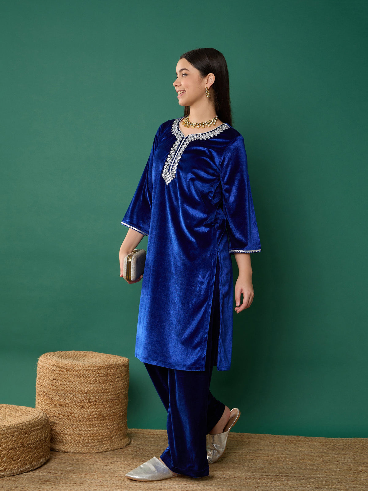 Royal Blue Velvet Emb Straight Kurta With Pants-Noh.Voh