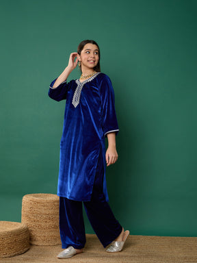 Royal Blue Velvet Emb Straight Kurta With Pants-Noh.Voh