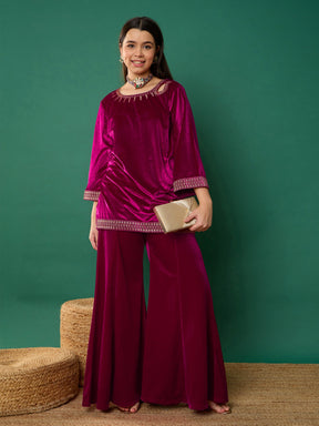 Fuchsia Velvet Emb Short Kurta With Palazzos-Noh.Voh