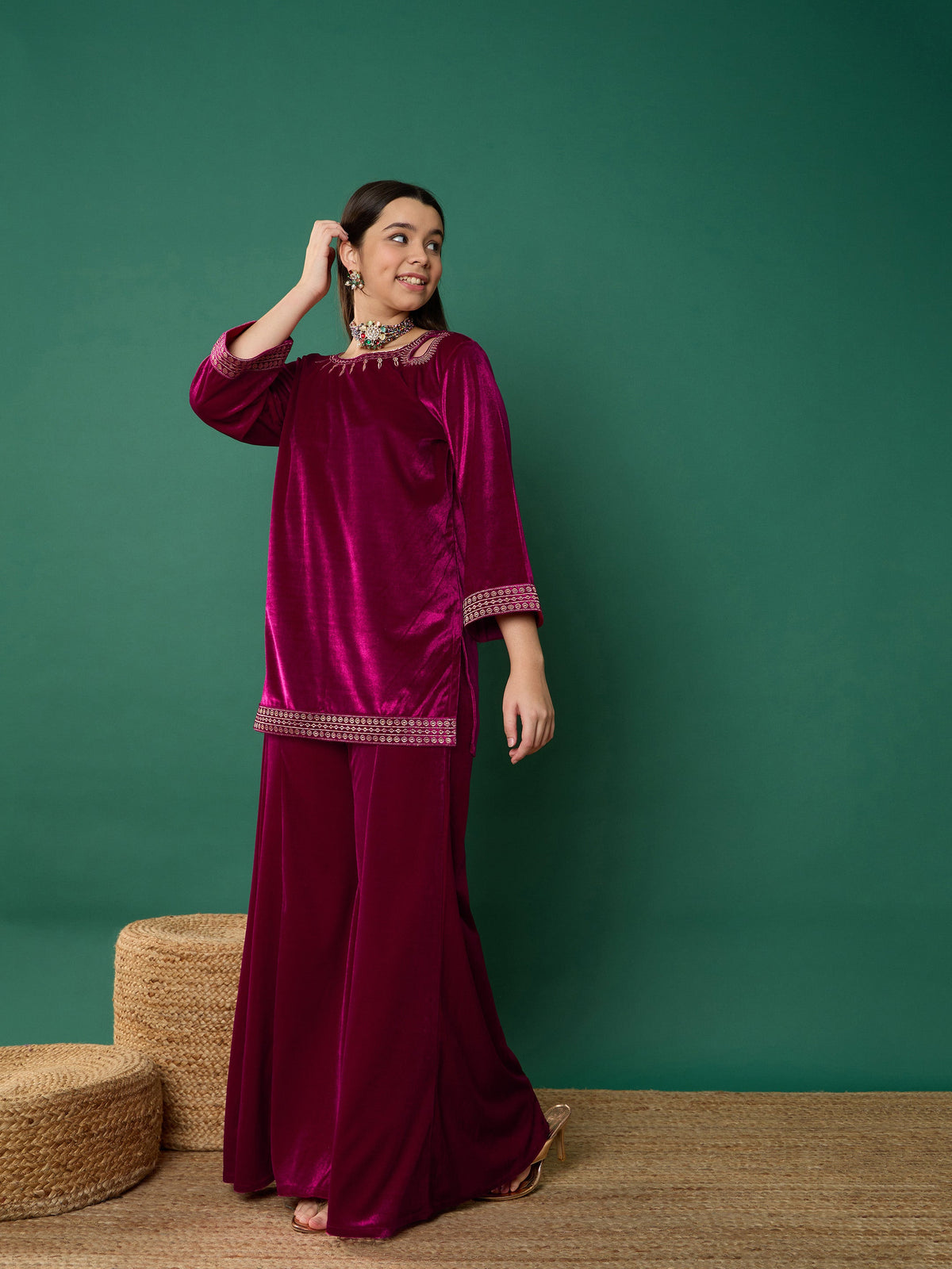 Fuchsia Velvet Emb Short Kurta With Palazzos-Noh.Voh