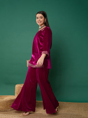 Fuchsia Velvet Emb Short Kurta With Palazzos-Noh.Voh