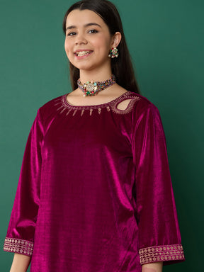 Fuchsia Velvet Emb Short Kurta With Palazzos-Noh.Voh