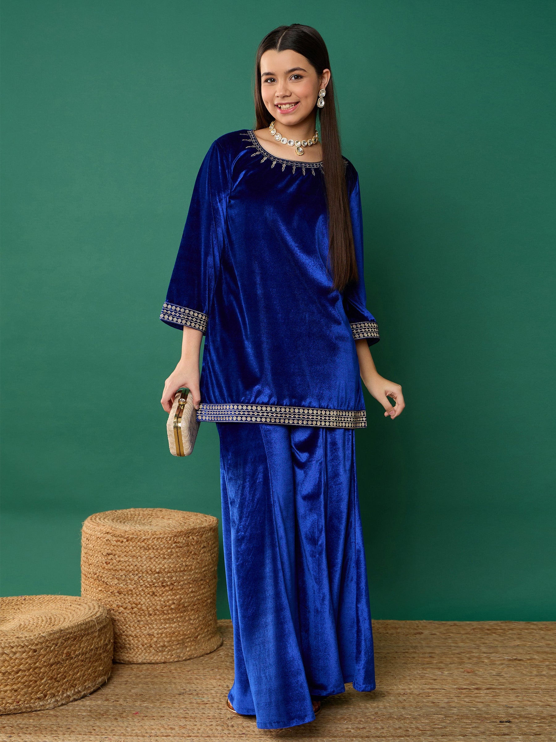 Royal Blue Velvet Emb Kurta With Palazzos-Noh.Voh