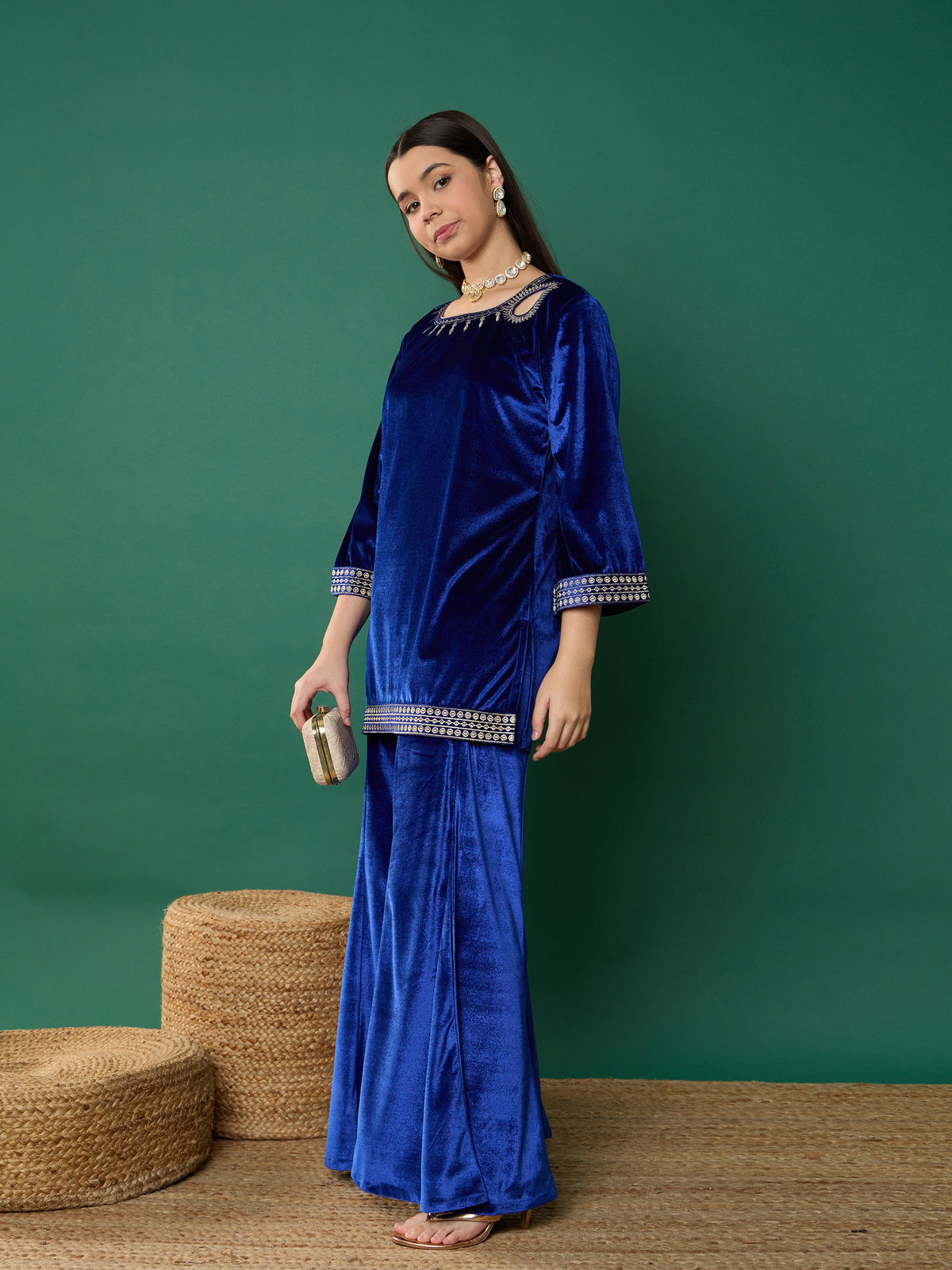 Royal Blue Velvet Emb Kurta With Palazzos-Noh.Voh