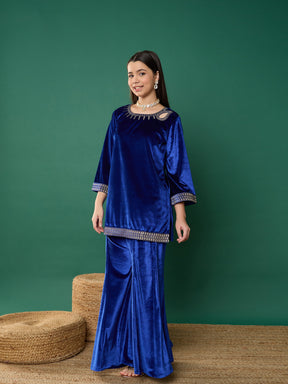 Royal Blue Velvet Emb Kurta With Palazzos-Noh.Voh