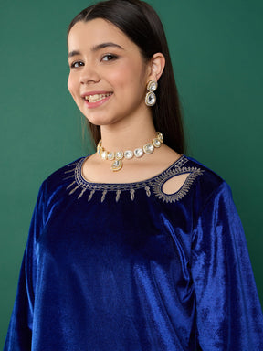 Royal Blue Velvet Emb Kurta With Palazzos-Noh.Voh