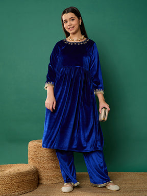 Royal Blue Velvet Embroidered Gathered Kurta With Pants-Noh.Voh