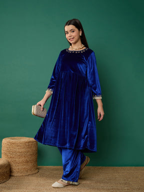 Royal Blue Velvet Embroidered Gathered Kurta With Pants-Noh.Voh