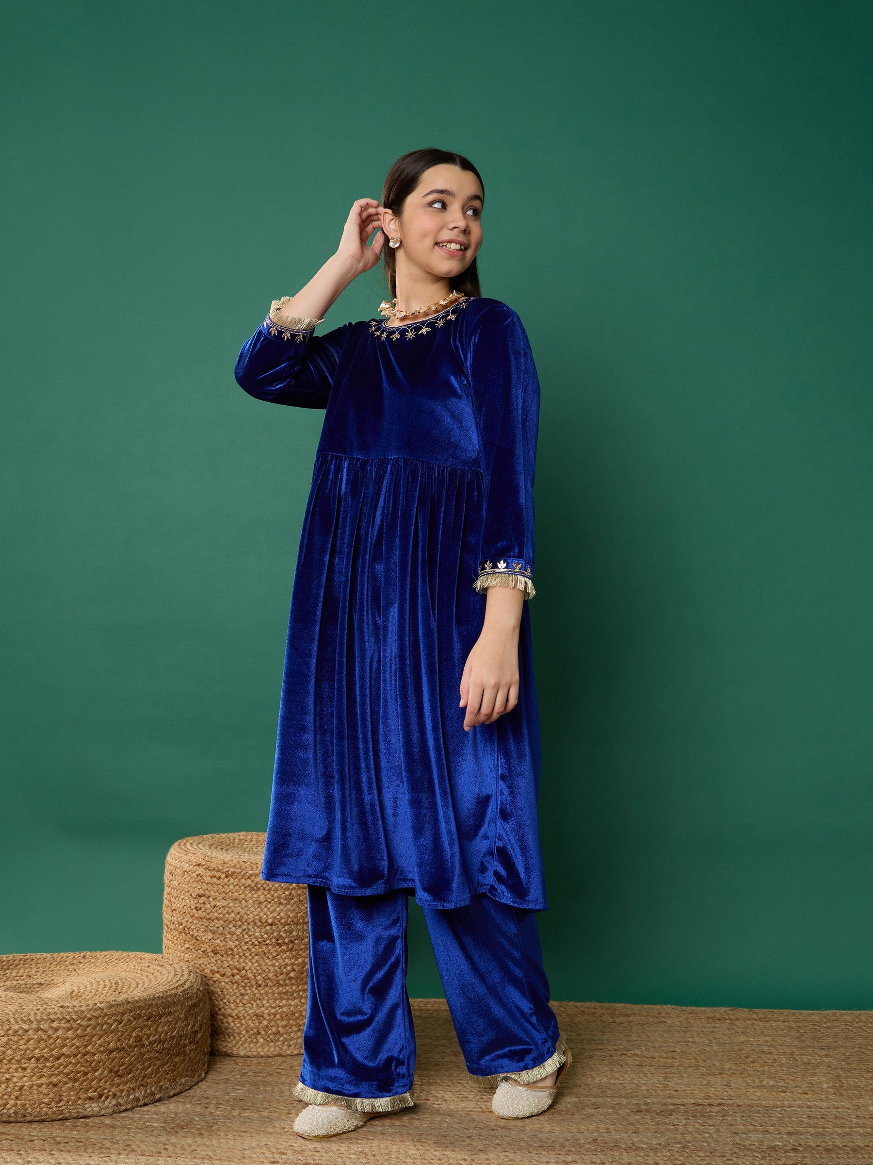 Royal Blue Velvet Embroidered Gathered Kurta With Pants-Noh.Voh