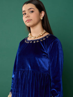 Royal Blue Velvet Embroidered Gathered Kurta With Pants-Noh.Voh