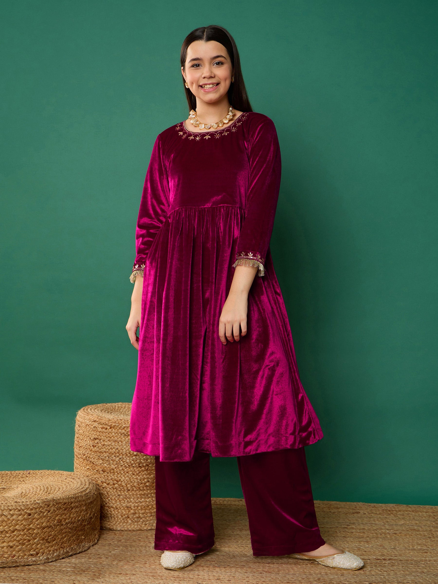 Fuchsia Velvet Embroidered Gathered Kurta With Pants-Noh.Voh