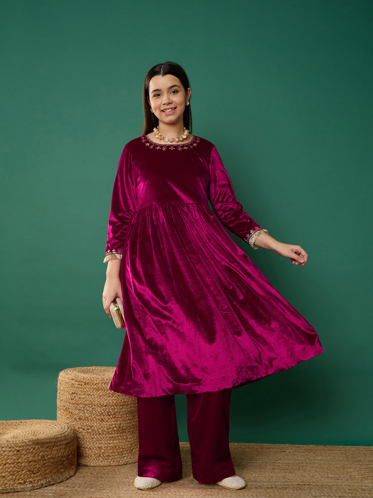 Fuchsia Velvet Embroidered Gathered Kurta With Pants-Noh.Voh