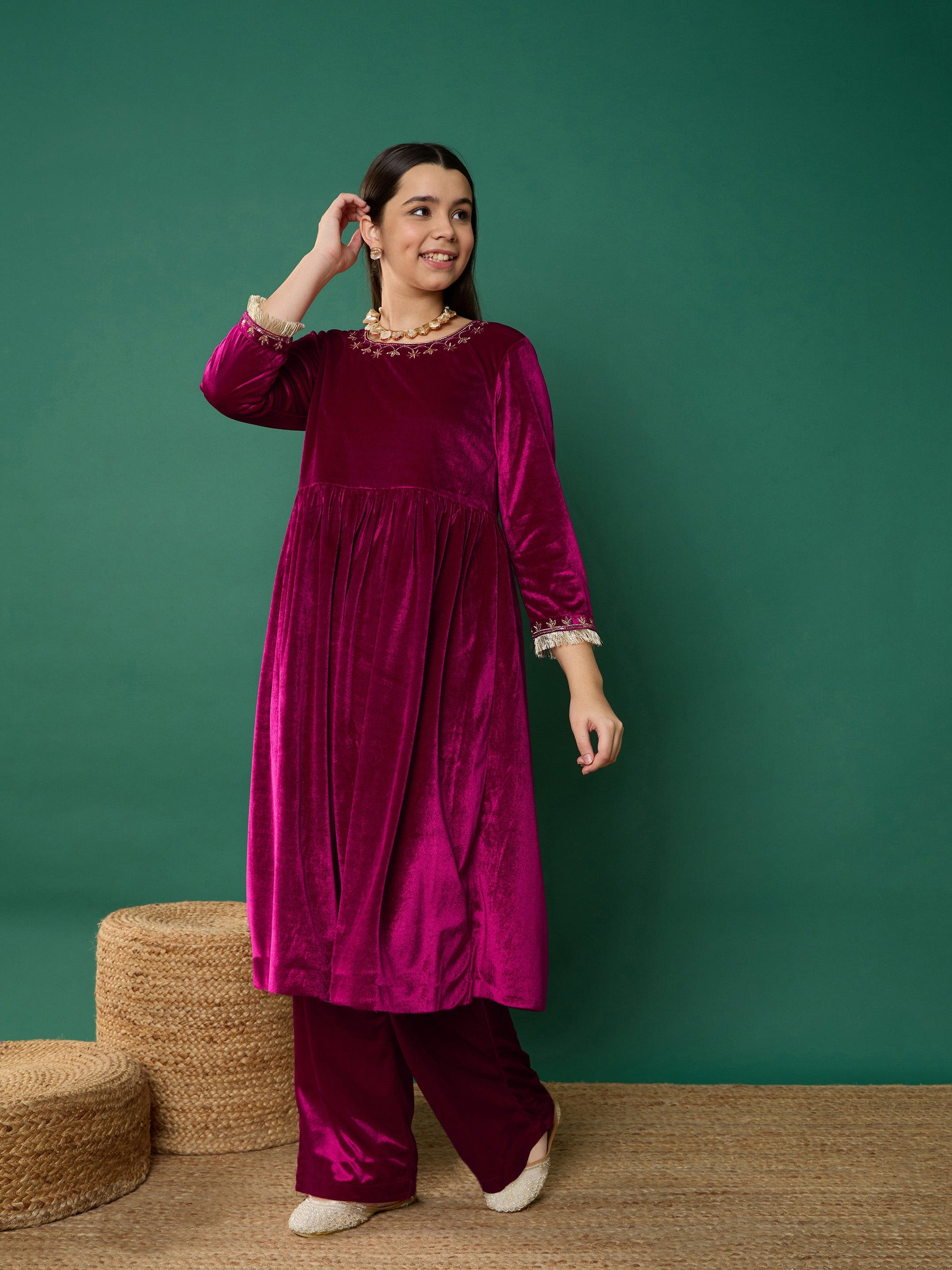 Fuchsia Velvet Embroidered Gathered Kurta With Pants-Noh.Voh