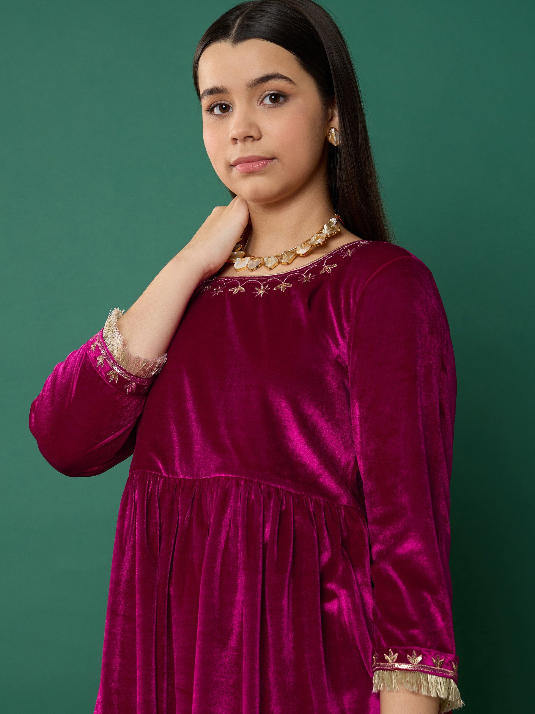 Fuchsia Velvet Embroidered Gathered Kurta With Pants-Noh.Voh