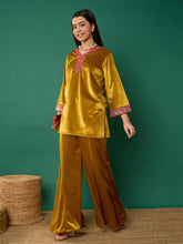 Mustard Velvet Embroidered Short Kurta With Palazzos-Noh.Voh