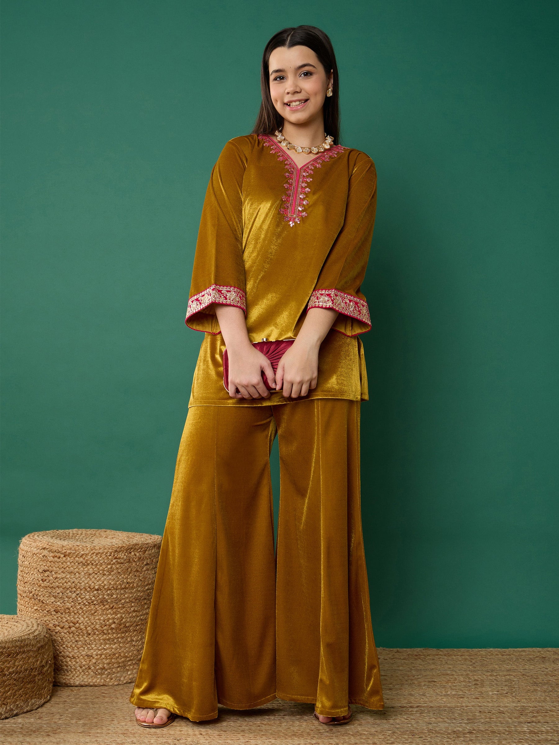 Mustard Velvet Embroidered Short Kurta With Palazzos-Noh.Voh