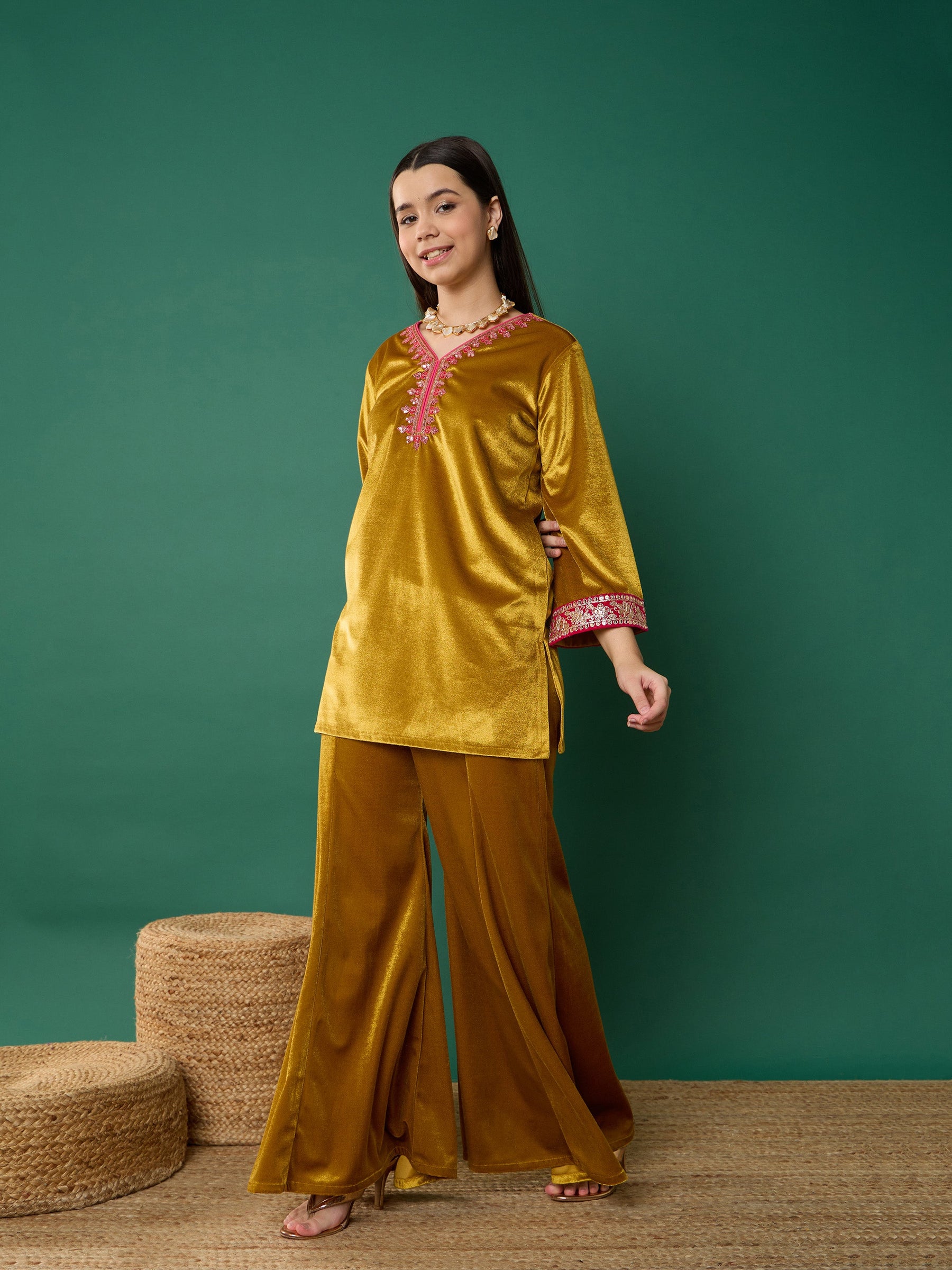 Mustard Velvet Embroidered Short Kurta With Palazzos-Noh.Voh