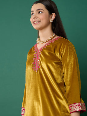 Mustard Velvet Embroidered Short Kurta With Palazzos-Noh.Voh