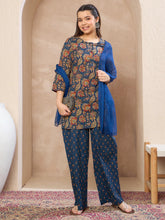 Navy Floral Kurta With Pants & Dupatta-Noh.Voh