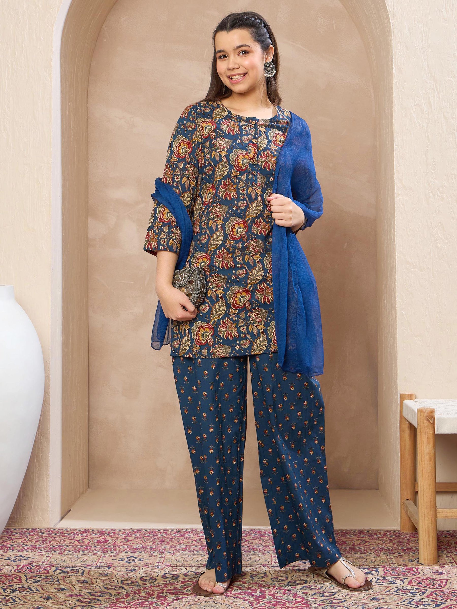 Navy Floral Kurta With Pants & Dupatta-Noh.Voh