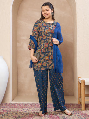 Navy Floral Kurta With Pants & Dupatta-Noh.Voh