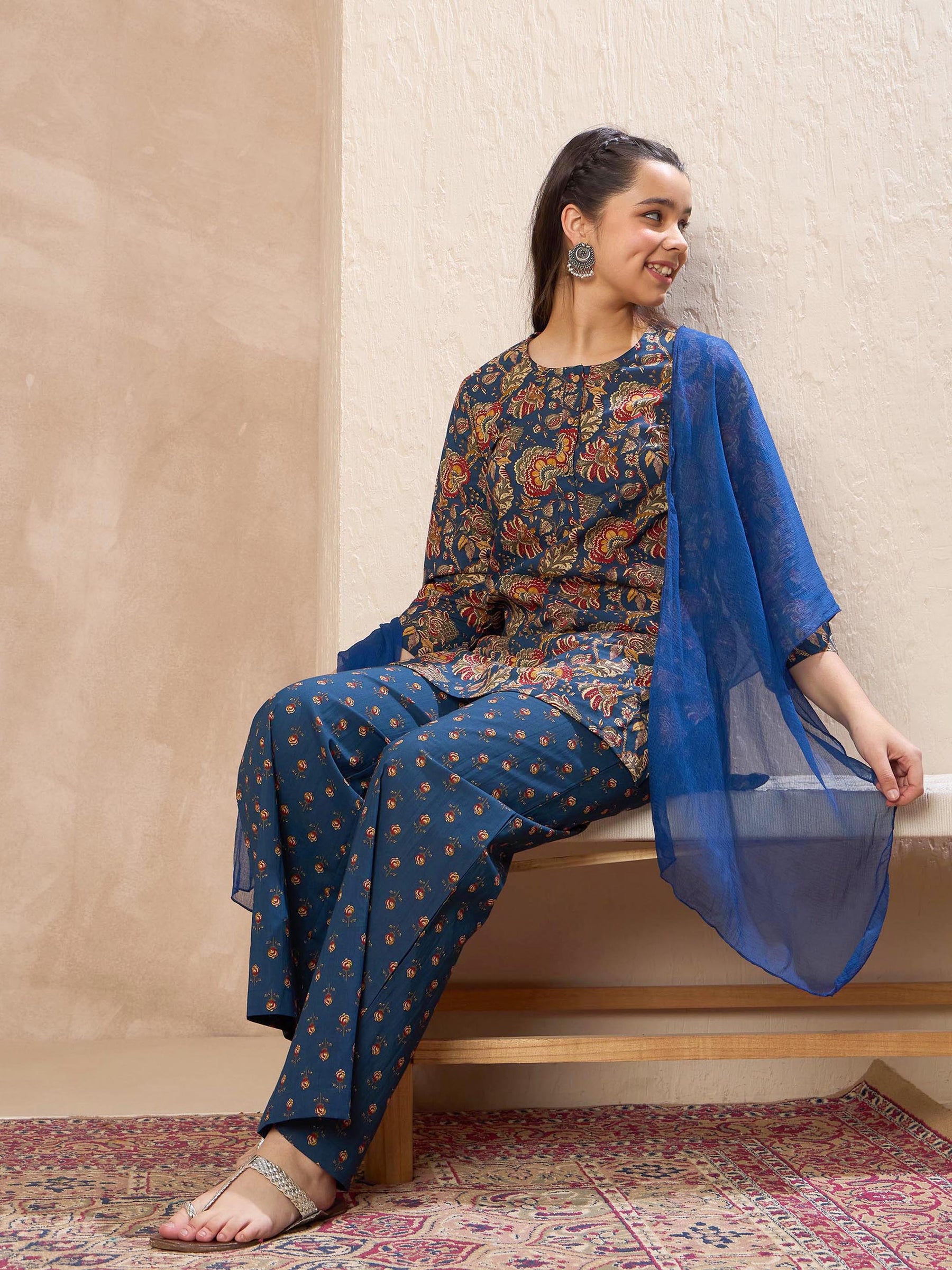 Navy Floral Kurta With Pants & Dupatta-Noh.Voh