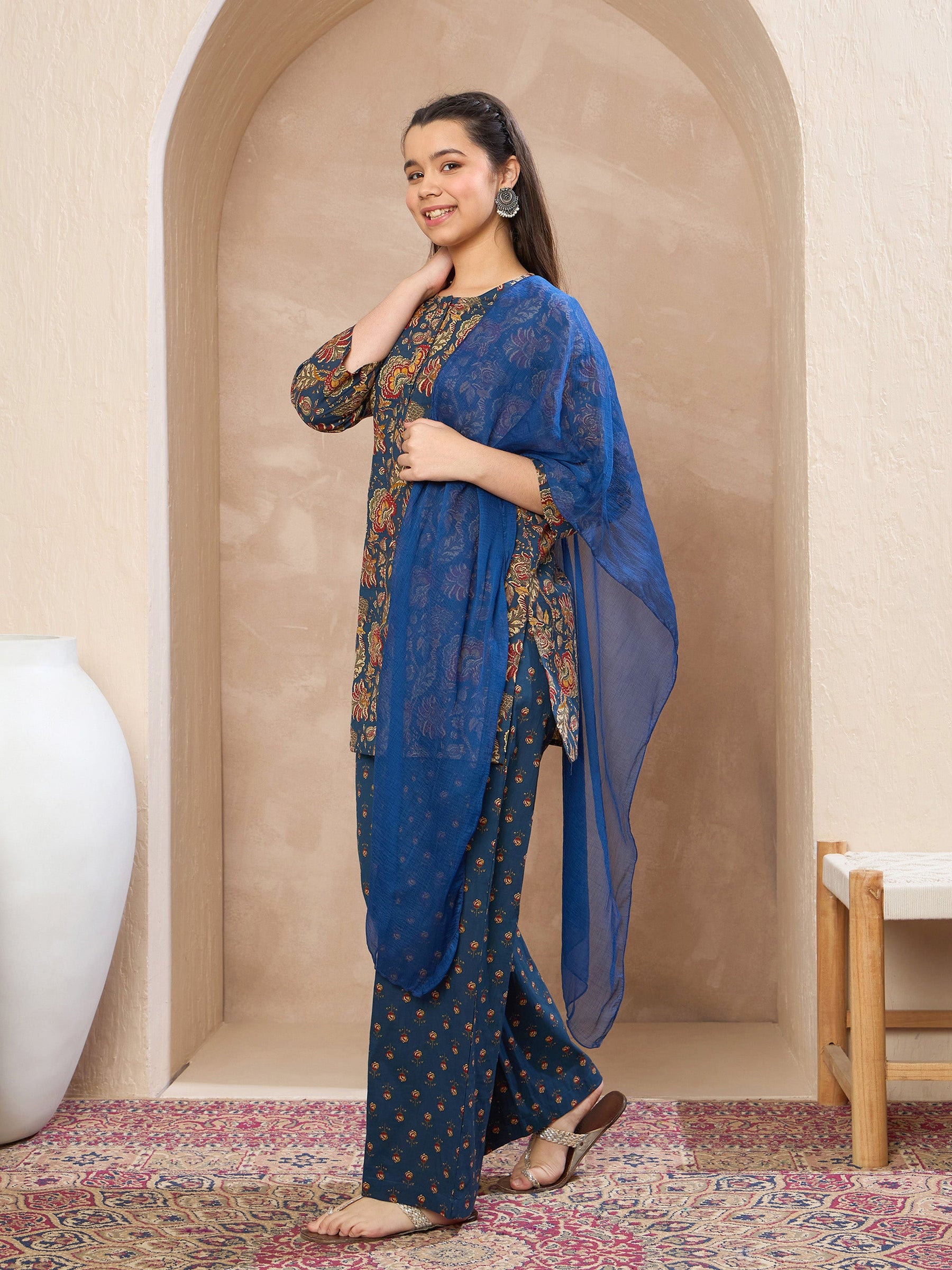 Navy Floral Kurta With Pants & Dupatta-Noh.Voh