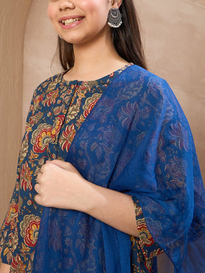 Navy Floral Kurta With Pants & Dupatta-Noh.Voh