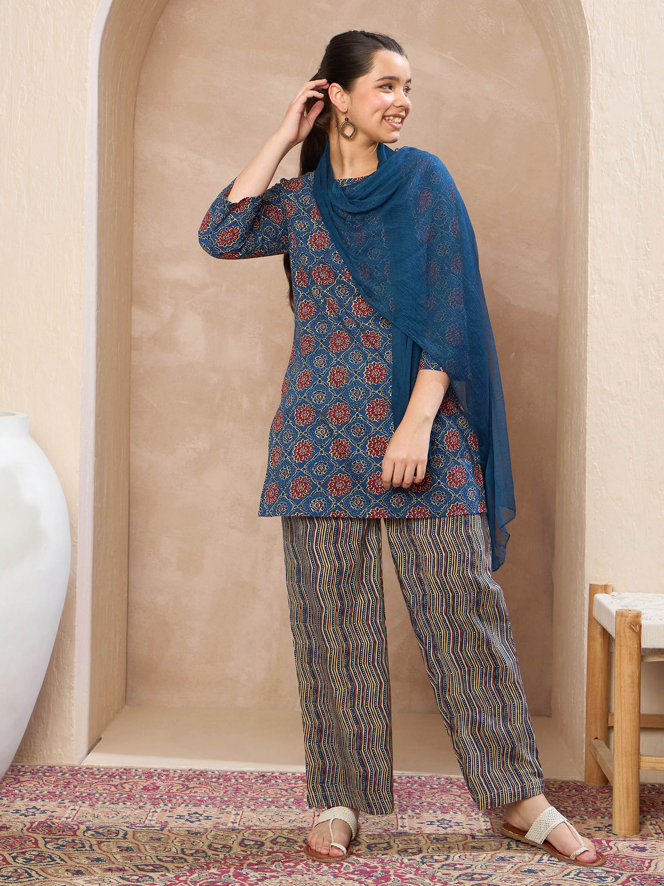 Blue Floral Kurta With Pants & Dupatta-Noh.Voh