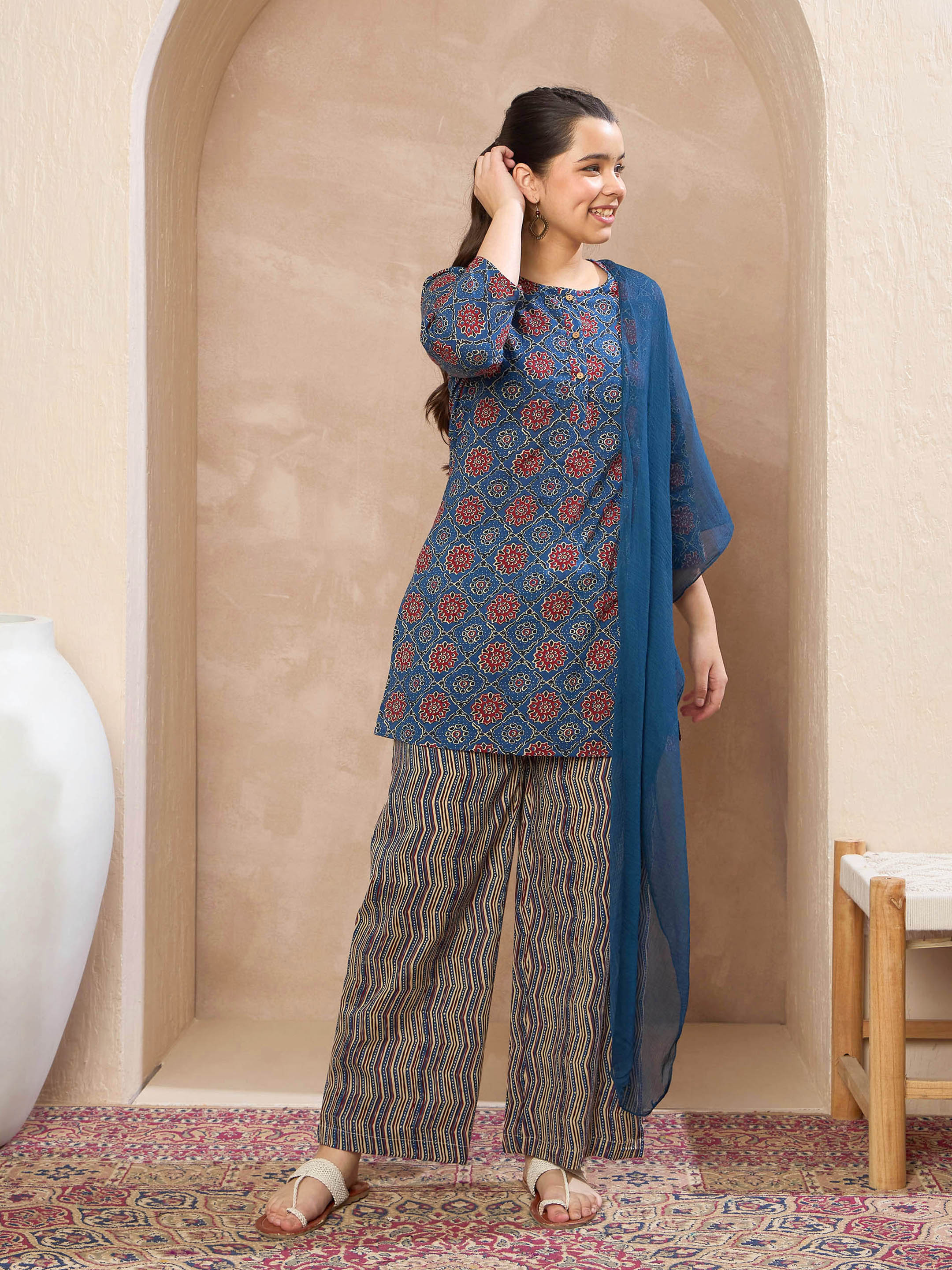Blue Floral Kurta With Pants & Dupatta-Noh.Voh