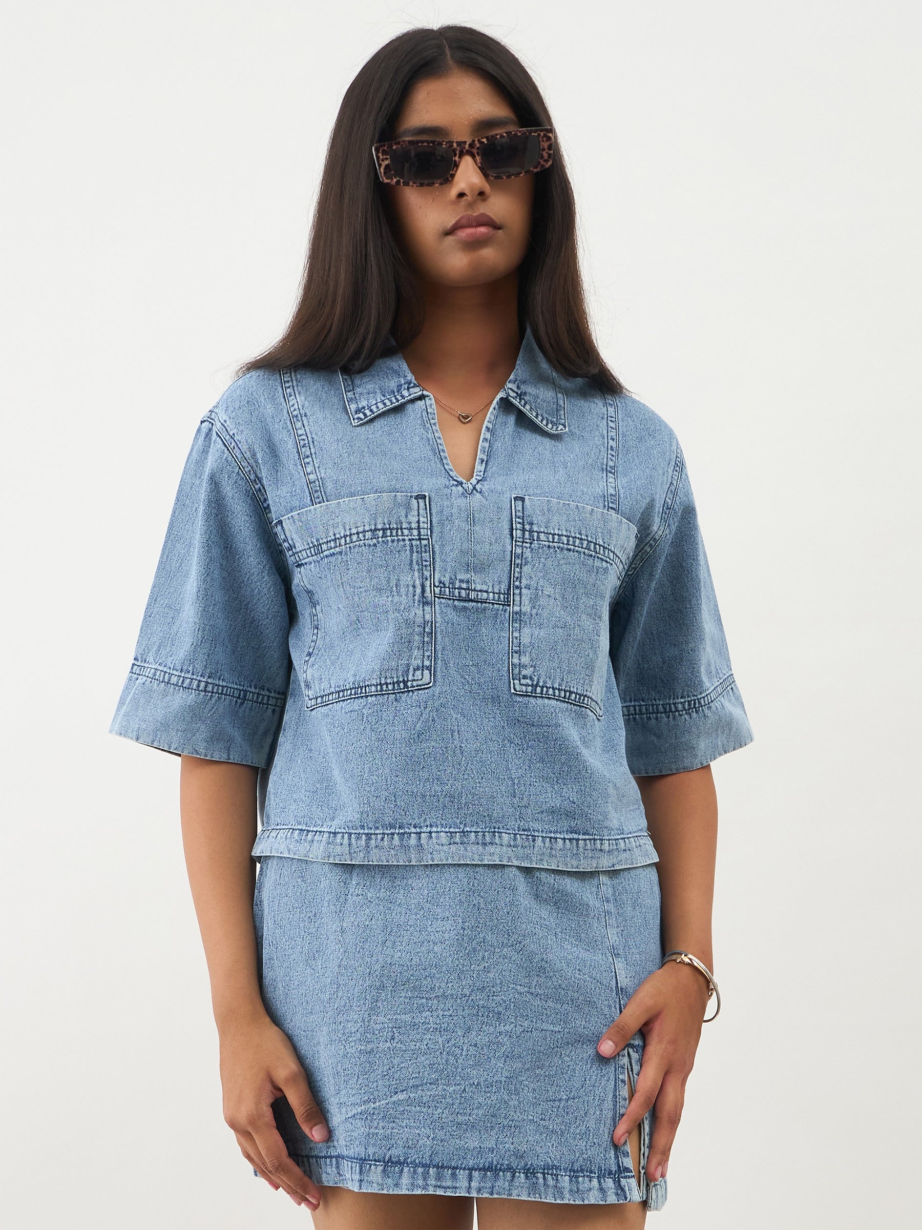 Ice Blue Denim Patch Pocket Crop Top With Skorts-Noh.Voh 