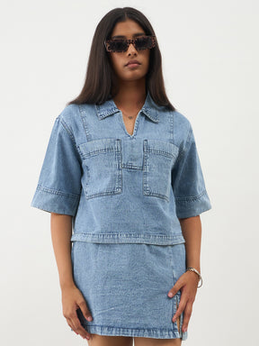 Ice Blue Denim Patch Pocket Crop Top With Skorts-Noh.Voh 
