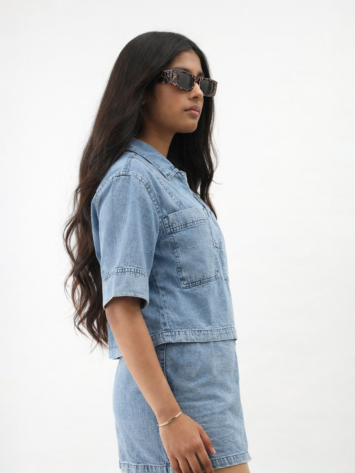 Ice Blue Denim Patch Pocket Crop Top With Skorts-Noh.Voh 