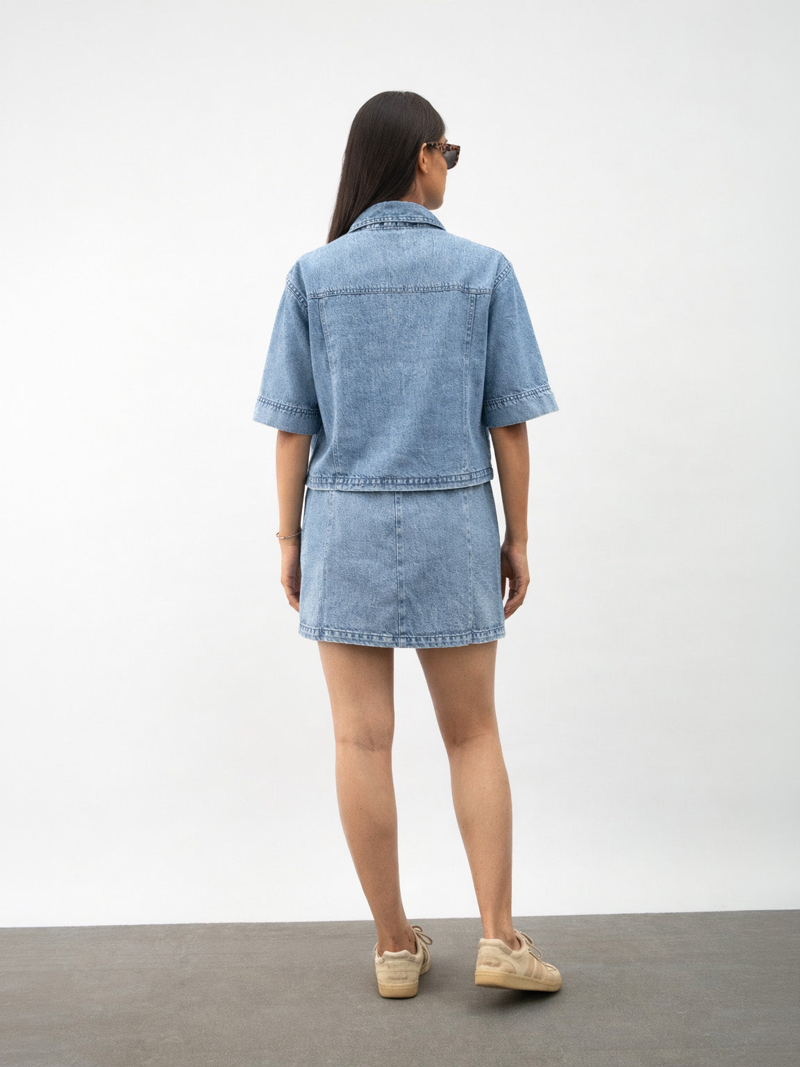 Ice Blue Denim Patch Pocket Crop Top With Skorts-Noh.Voh 