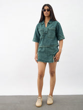 Navy Blue Green Blast Denim Patch Pocket Crop Top With Skorts-Noh.Voh 