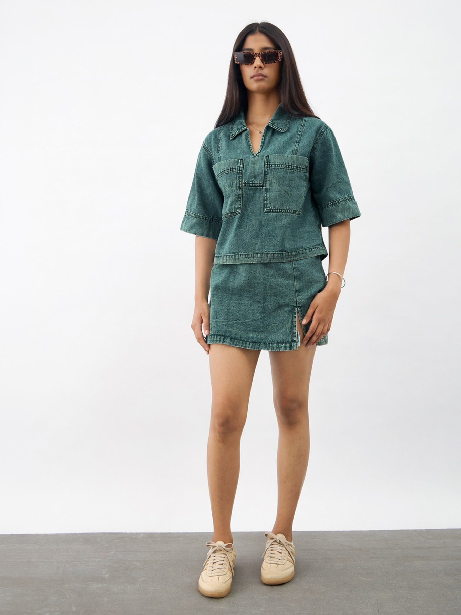 Navy Blue Green Blast Denim Patch Pocket Crop Top With Skorts-Noh.Voh 