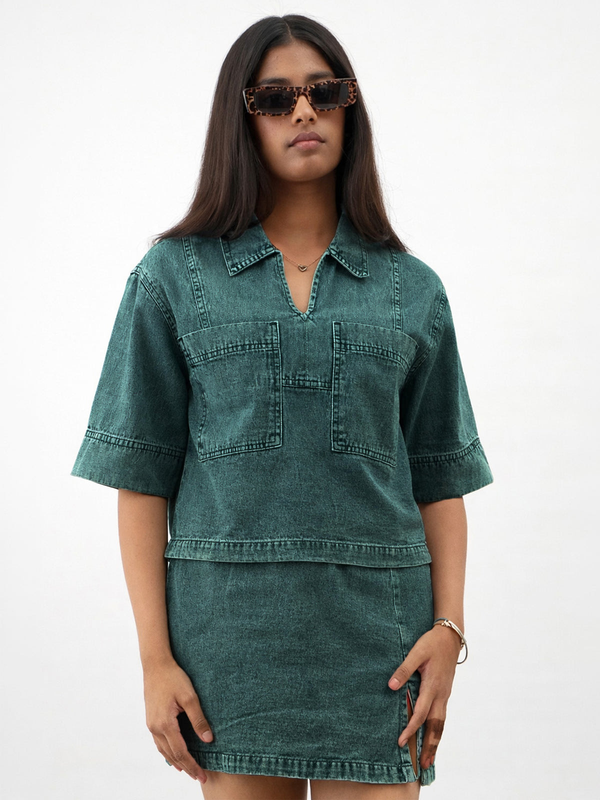 Navy Blue Green Blast Denim Patch Pocket Crop Top With Skorts-Noh.Voh 