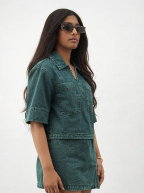Navy Blue Green Blast Denim Patch Pocket Crop Top With Skorts-Noh.Voh 
