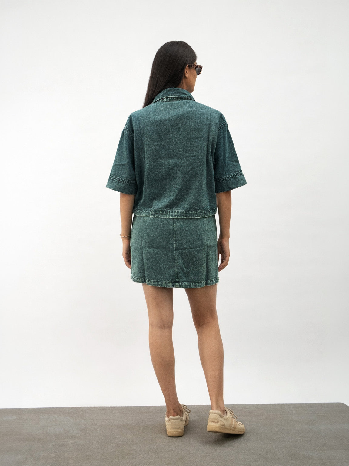 Navy Blue Green Blast Denim Patch Pocket Crop Top With Skorts-Noh.Voh 