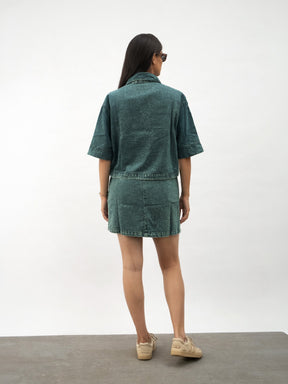 Navy Blue Green Blast Denim Patch Pocket Crop Top With Skorts-Noh.Voh 
