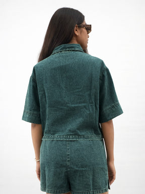 Girls Navy Blue Green Blast Denim Patch Pocket Crop Top With Skorts