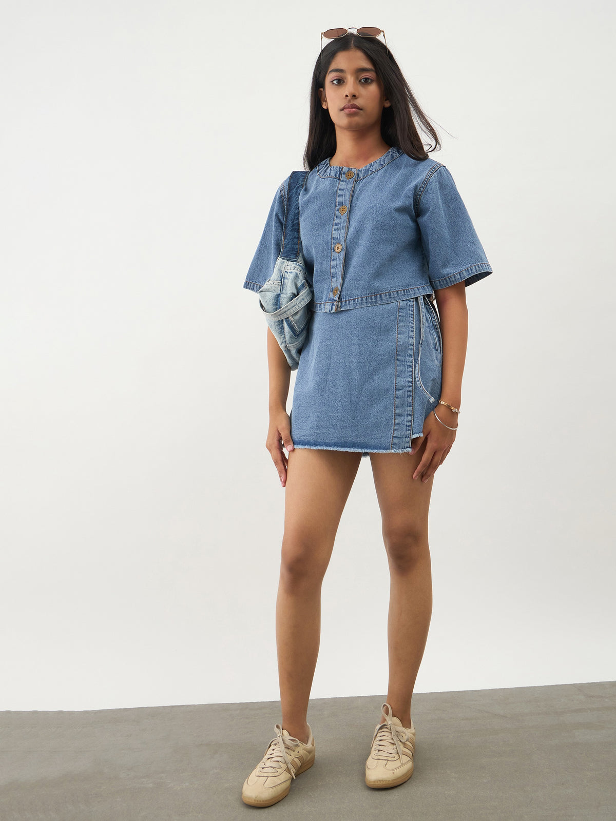 Blue Blast Denim Round Neck Crop Top With Wrap Skorts-Noh.Voh 