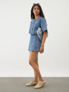 Girls Blue Blast Denim Round Neck Crop Top With Wrap Skorts
