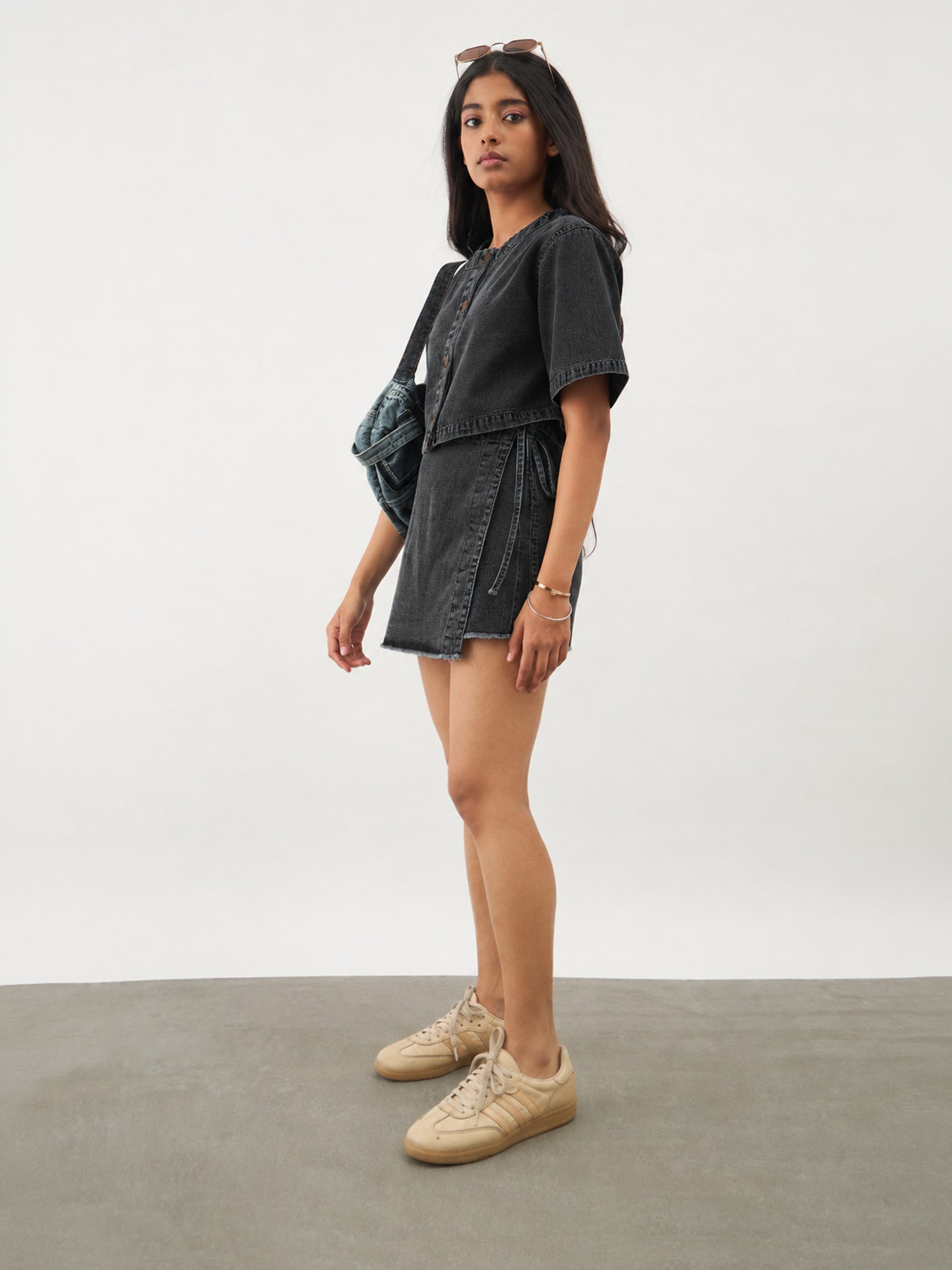 Girls Black Denim Round Neck Crop Top With Wrap Skorts
