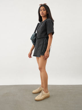 Girls Black Denim Round Neck Crop Top With Wrap Skorts