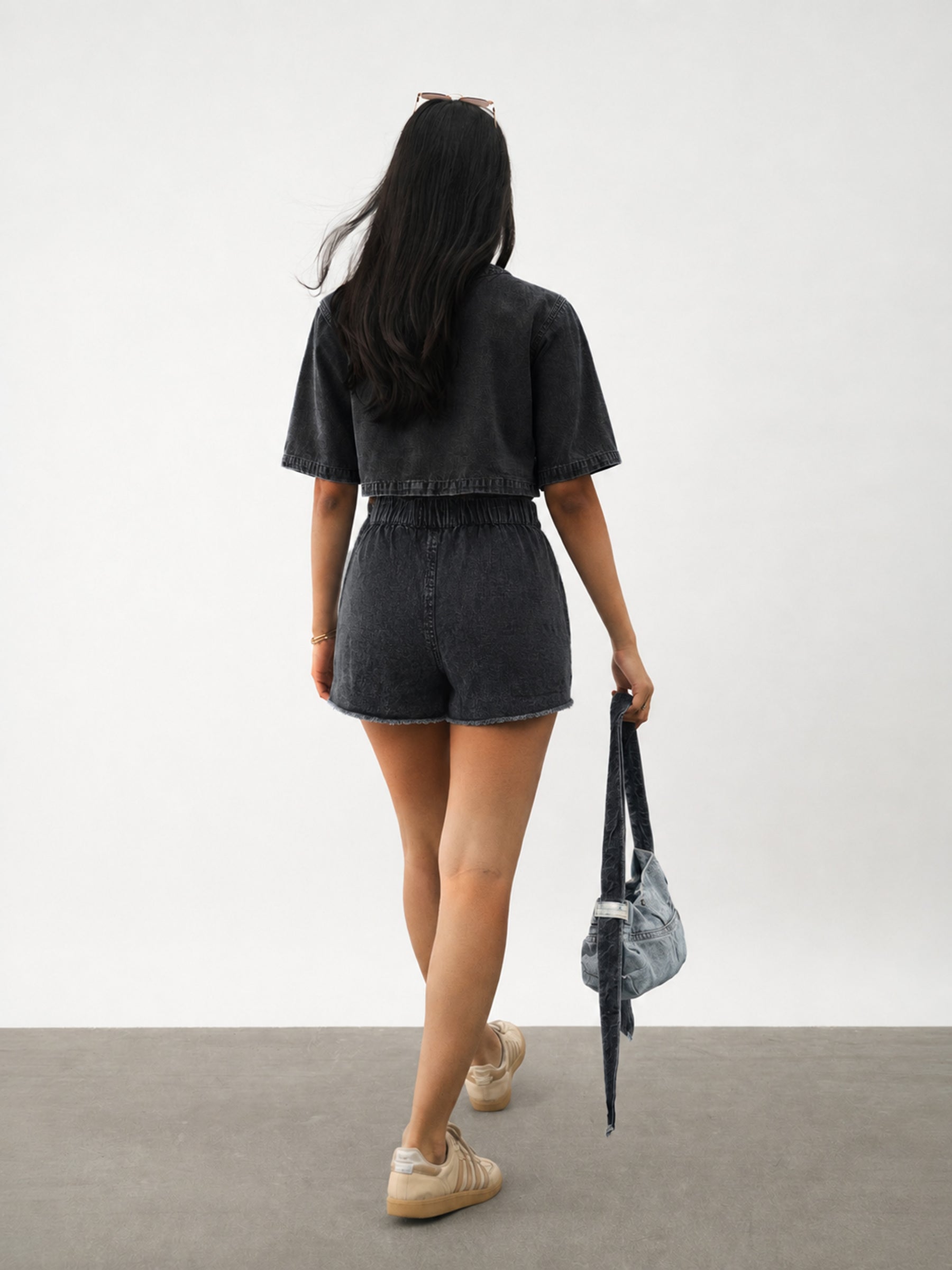 Girls Black Denim Round Neck Crop Top With Wrap Skorts