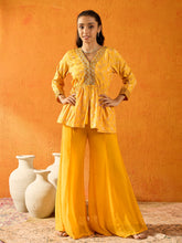 Yellow Brocade V-Neck Peplum Top With Palazzos-Noh.Voh