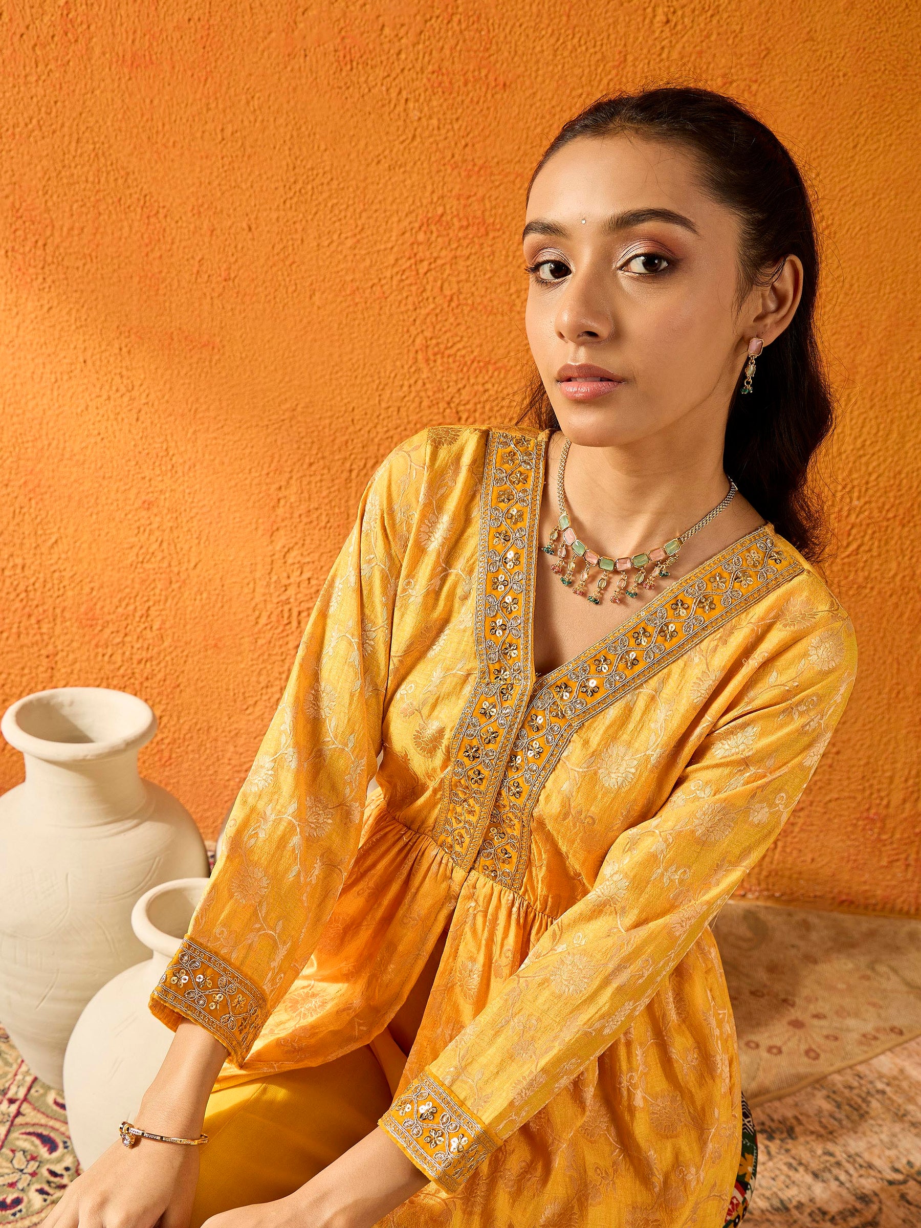 Yellow Brocade V-Neck Peplum Top With Palazzos-Noh.Voh